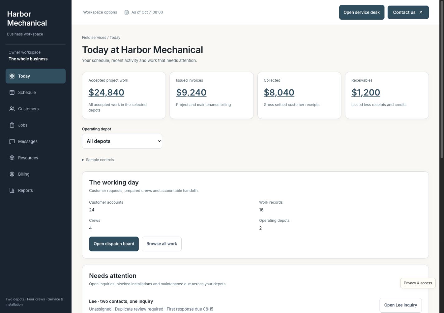 Harbor Mechanical Today overview with scheduled jobs, equipment readiness, customer approvals, and unpaid balances across two depots