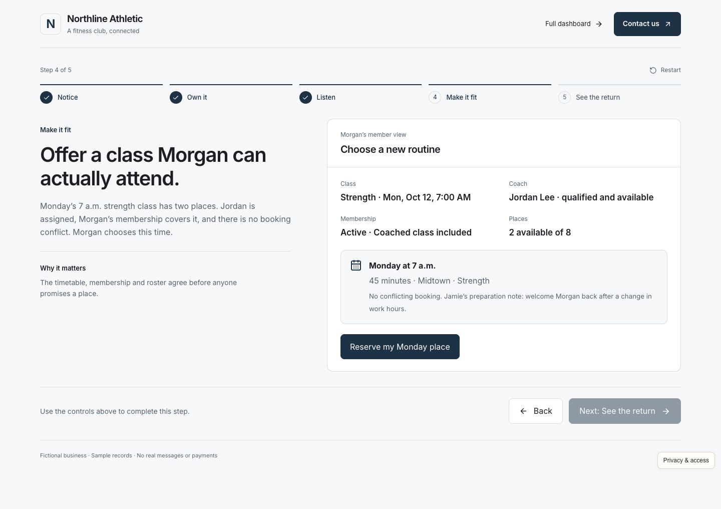 Morgan's Northline Athletic member booking view showing an eligible morning strength class and booking details