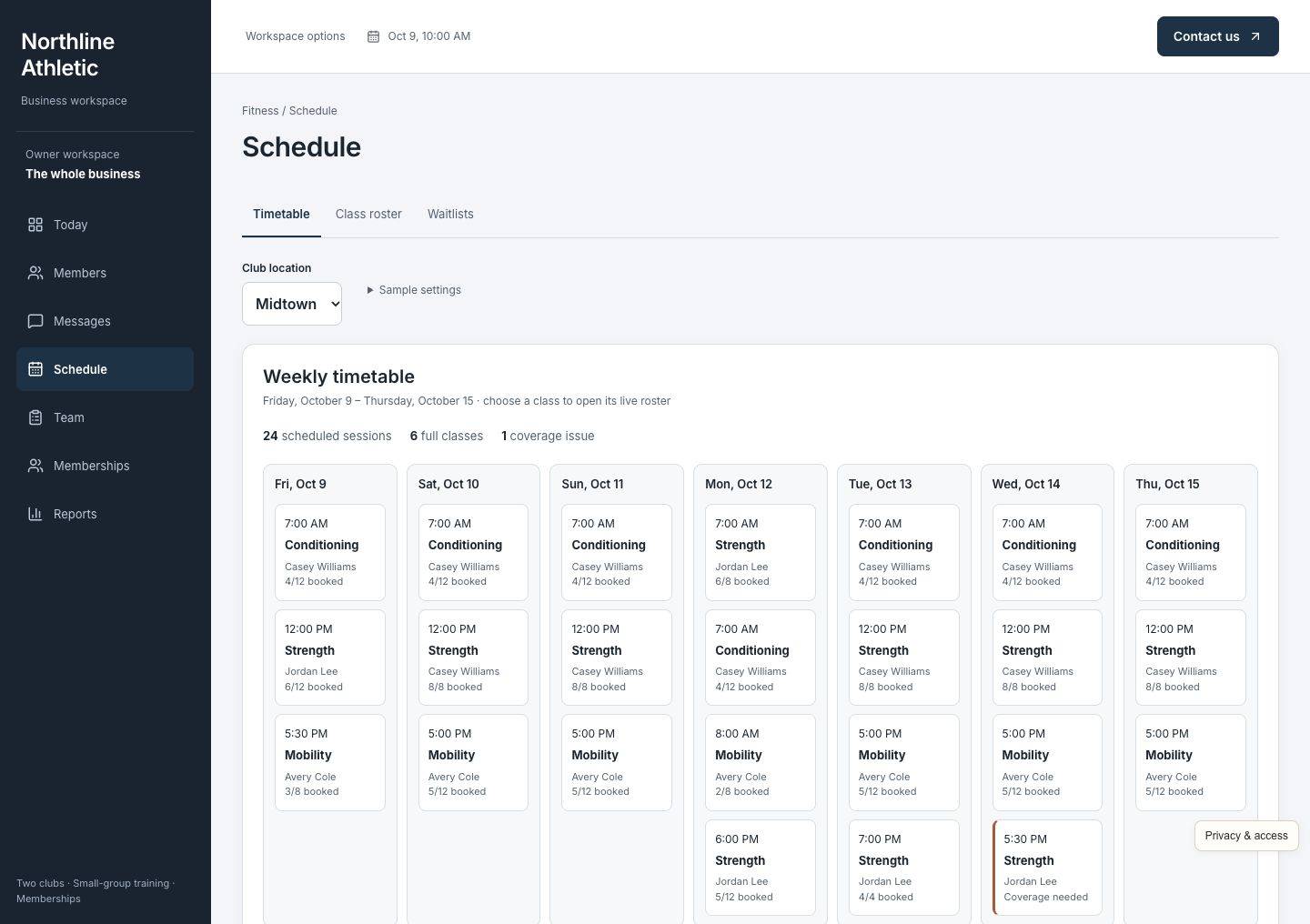 Northline Athletic class timetable with coach assignments, capacity, rosters, and coverage needs across clubs