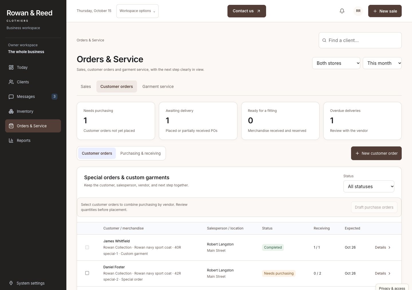Retail customer orders showing James and Daniel, garment sizes, salesperson, store, purchasing status, receiving progress, and expected dates
