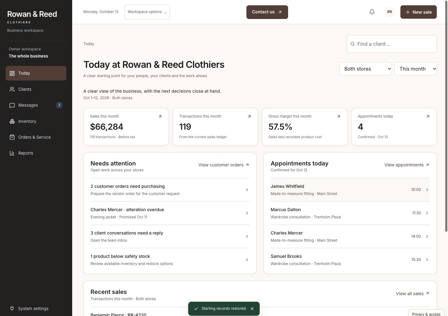Rowan & Reed Today overview with sales, appointments, customer follow-ups, and orders needing attention
