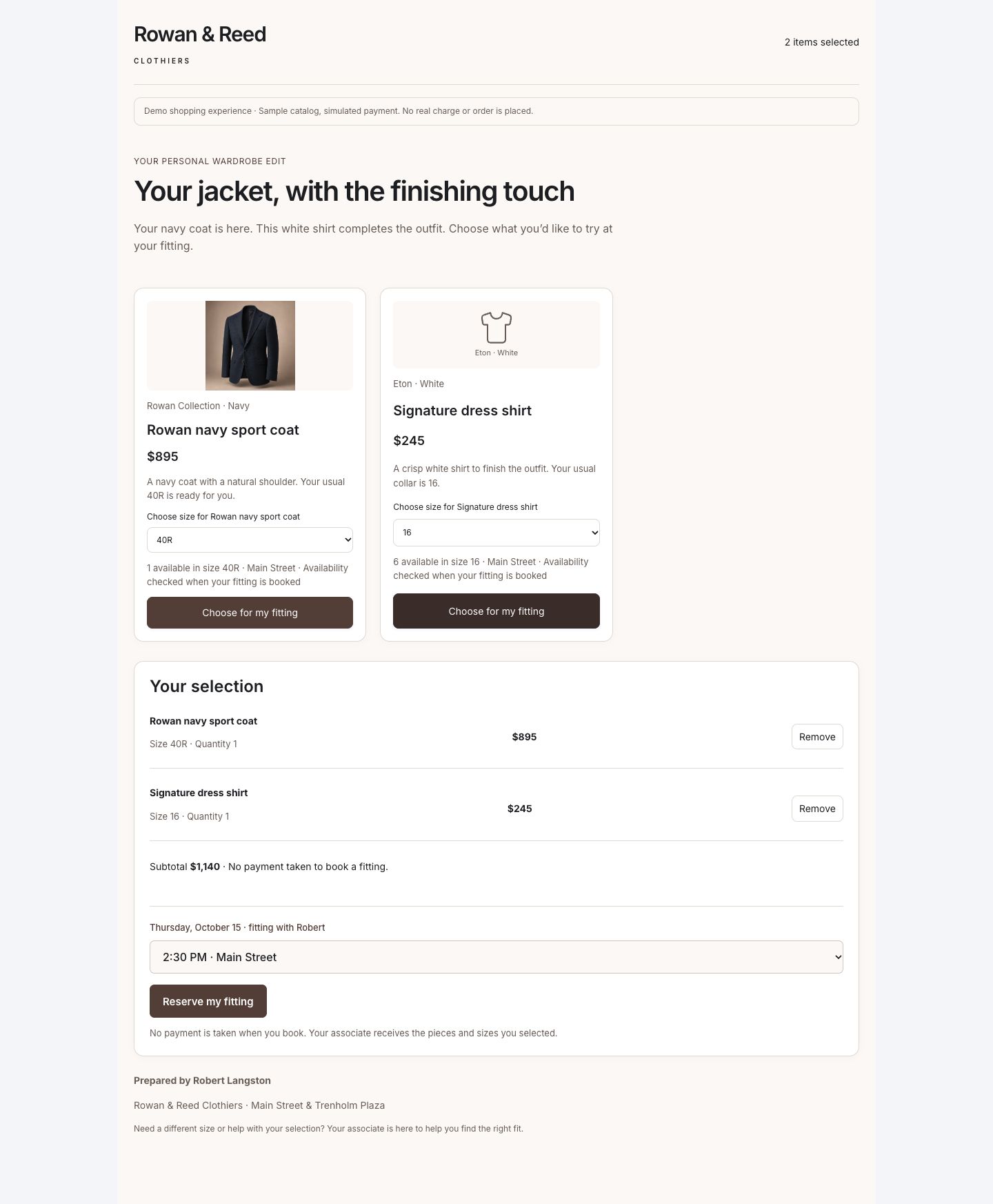 James's working personal shopping page showing his selected navy jacket, complementary shirt, and fitting option