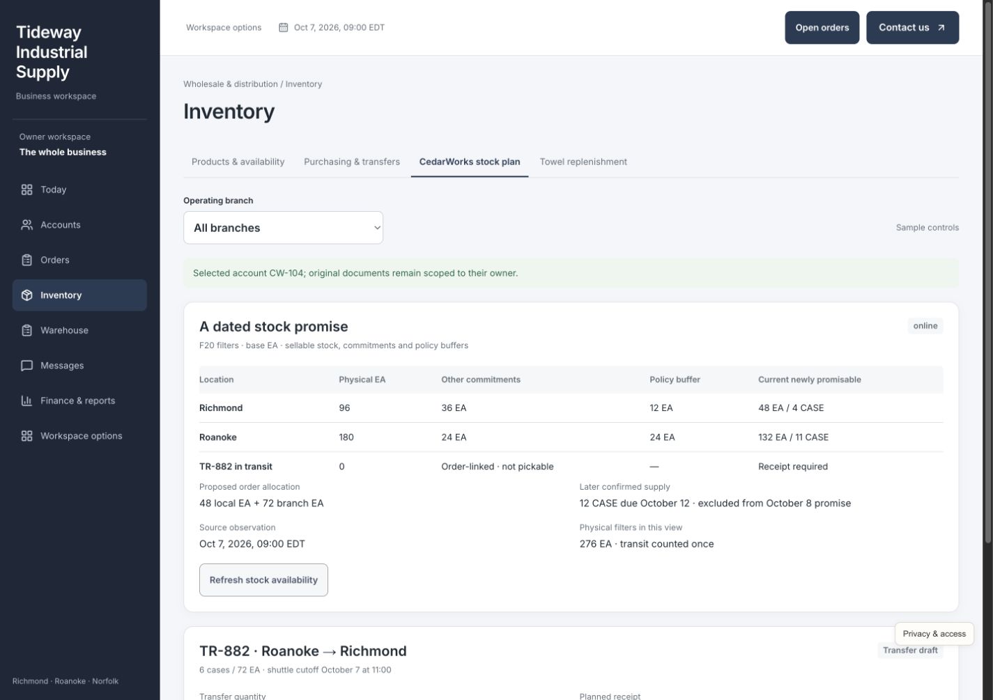 Tideway Industrial Supply order availability view showing case-to-unit quantities, branch stock, reservations, and a shortage to resolve for Nia's order