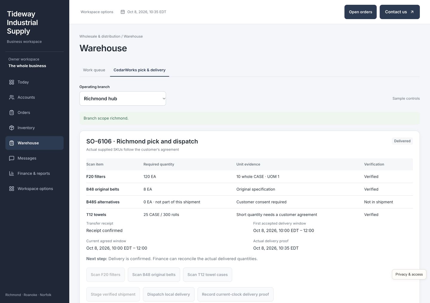 Tideway Industrial Supply warehouse fulfillment view with approved order quantities, pick verification, staging, dispatch, and delivery proof milestones