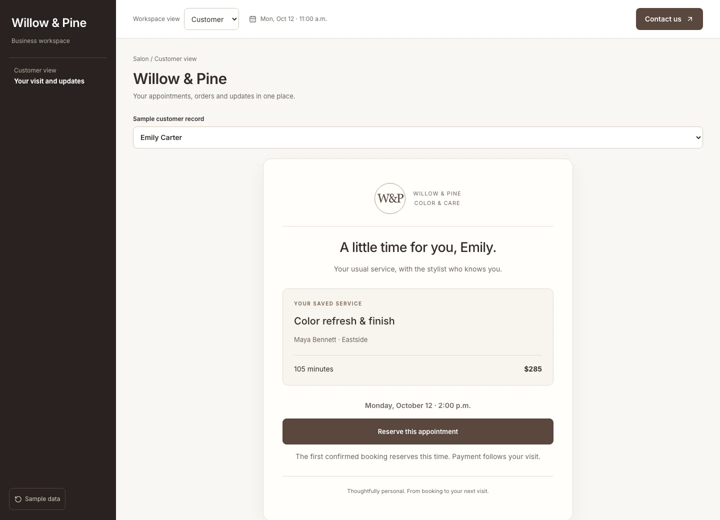 Personal booking screen showing the salon service, stylist, appointment time, and reservation action