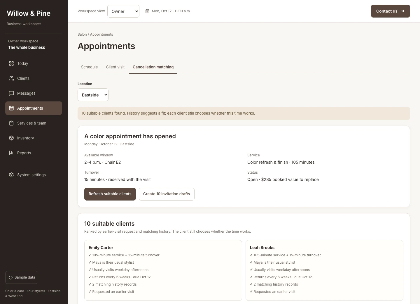 Cancellation matching screen with suitable clients and the reasons they fit the opening