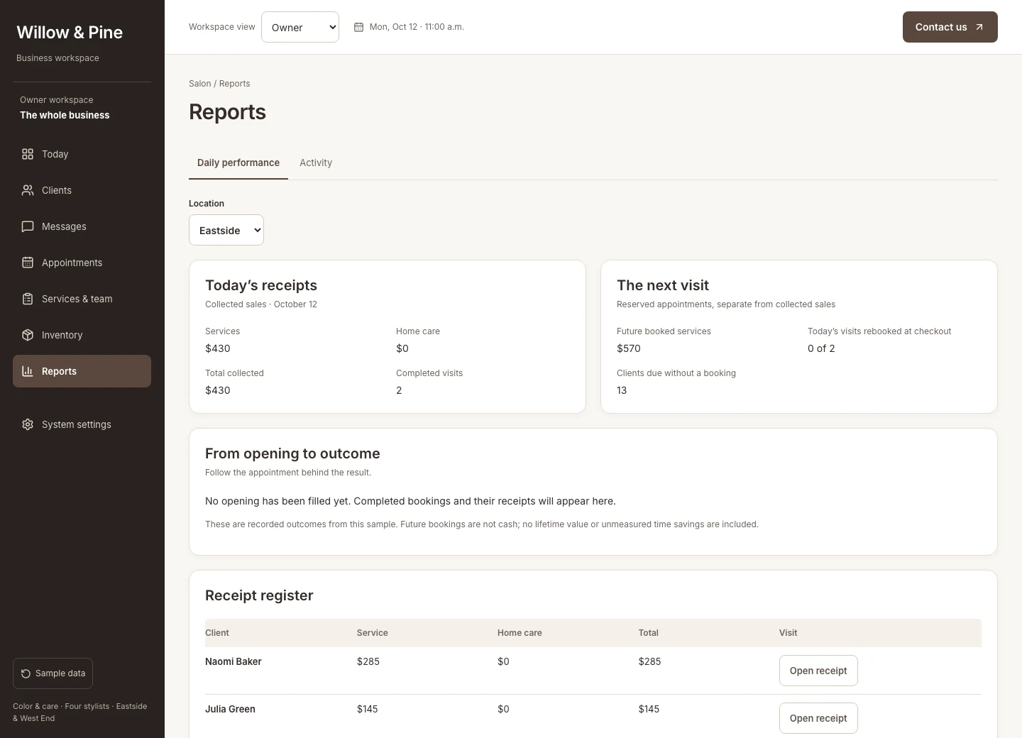 Owner reporting screen separating collected sales from future booked appointments